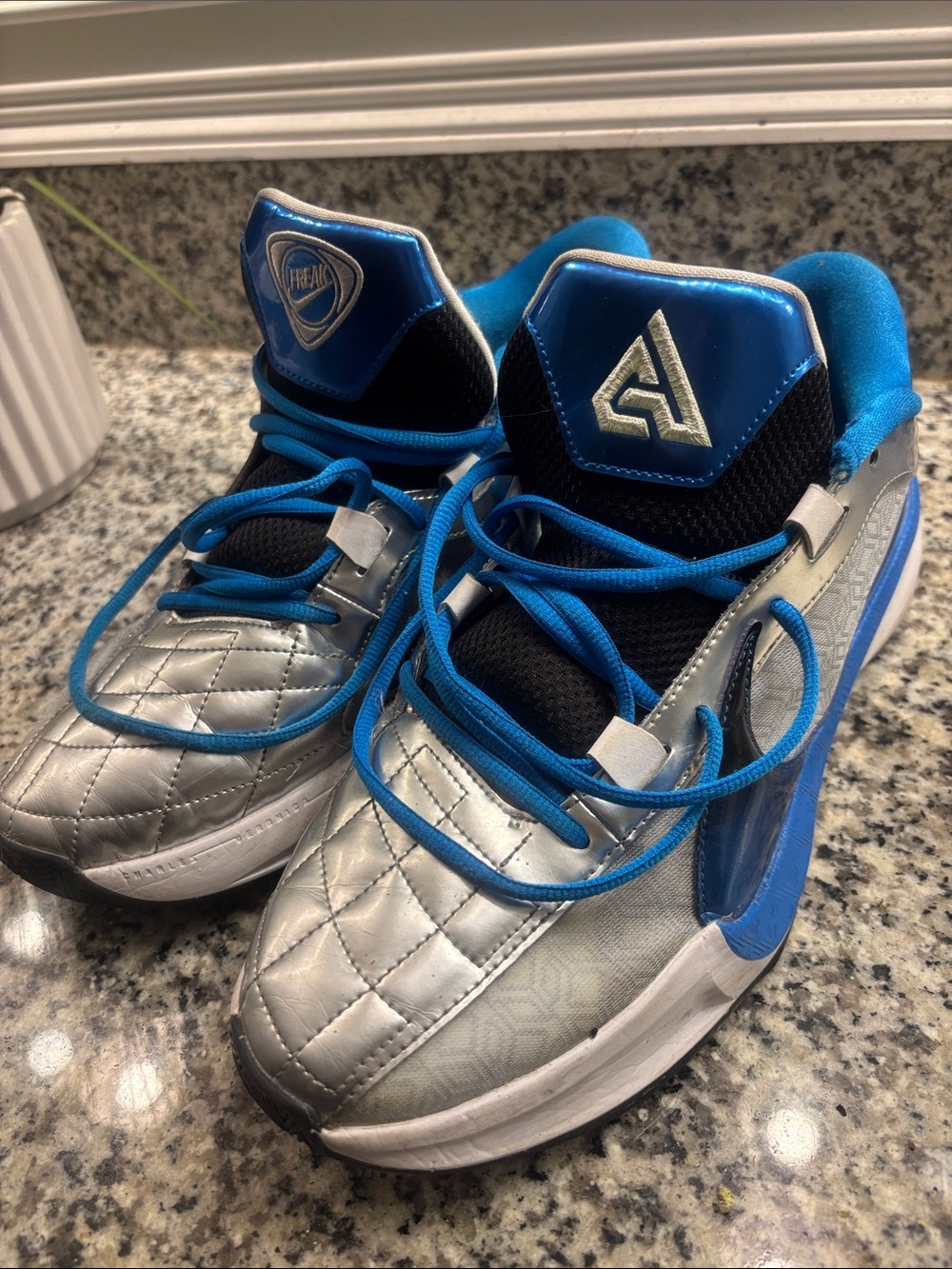 Nike Air Zoom Freak 5 Silver and Blue Athletic Basketball Shoes
